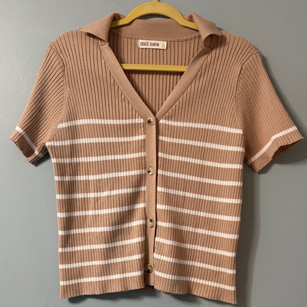 🖤Grace Karin Women's Button Down Tan and White Striped Light Cardigan🖤